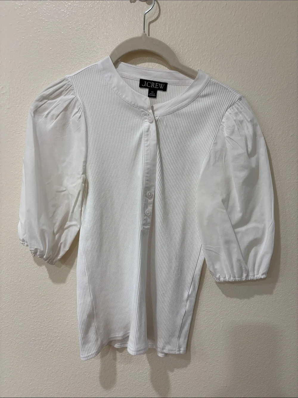 J. Crew White Puff-Sleeve Ribbed Button-Front Top